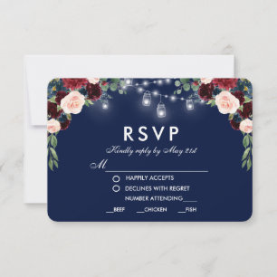 Floral Blue Burgundy Jars Wedding Meal UAWG RSVP Karte