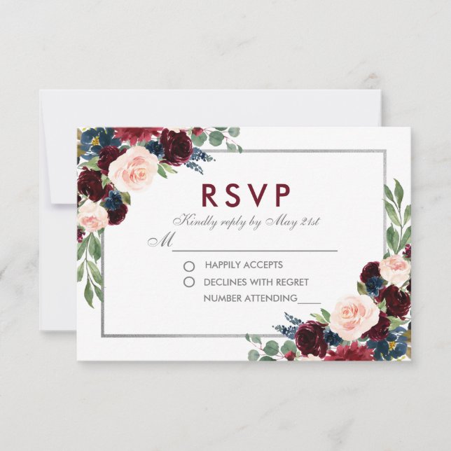 Floral Blue Burgundy Silver Wedding RSVP (Vorderseite)