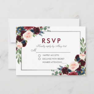 Floral Blue Burgundy Silver Wedding RSVP