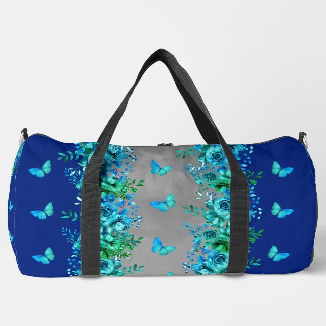 Floral Blue Butterfly Duffel Bag Duffle Bag (Vorderseite)
