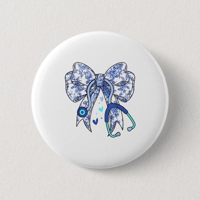 Floral Blue Coquette Bow Nurse Stethoscope Medical Button (Vorderseite)