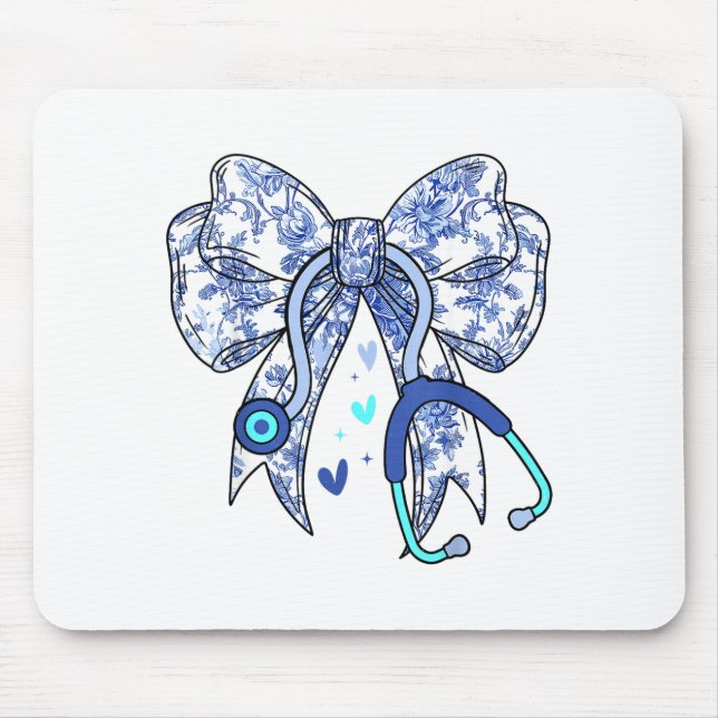 Floral Blue Coquette Bow Nurse Stethoscope Medical Mousepad (Vorne)