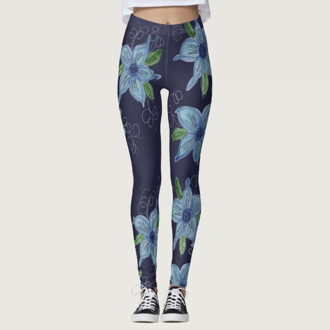 Floral Blue Denim Colored Star Leggings (Vorderseite)