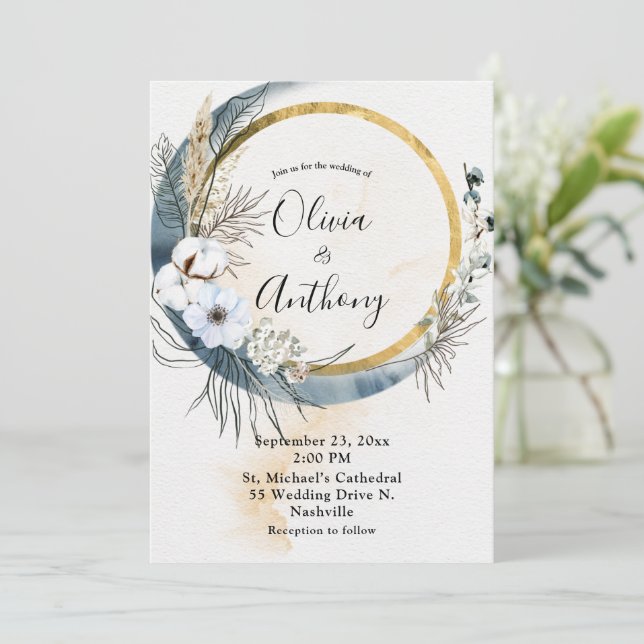 Floral Blue Gold Boho Wedding Einladung (Stehend Vorderseite)