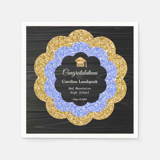 Floral Blue Gold Graduation Party Serviette (Vorderseite)
