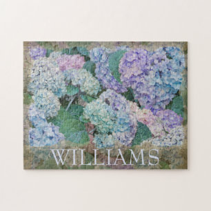 Floral Blue Hydrangea Summer Blume Monogramm Name Puzzle
