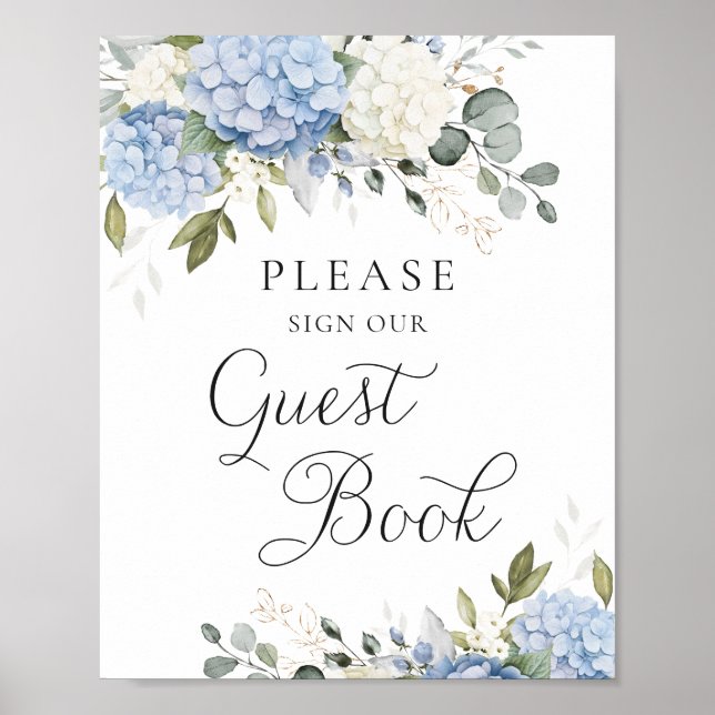 Floral Blue Hydrangea Wedding Guest Book Sign Poster (Vorne)