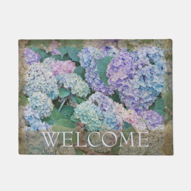 Floral Blue Hydrangea Willkommen 18" x 24" Fußmatte (Vorderseite)