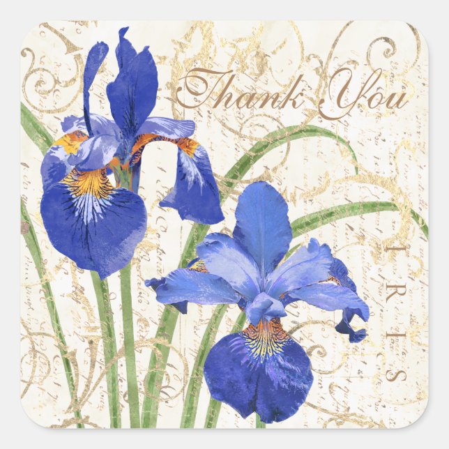 Floral Blue Iris Gold Damask Vielen Dank Quadratischer Aufkleber (Vorderseite)