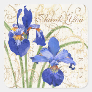 Floral Blue Iris Gold Damask Vielen Dank Quadratischer Aufkleber