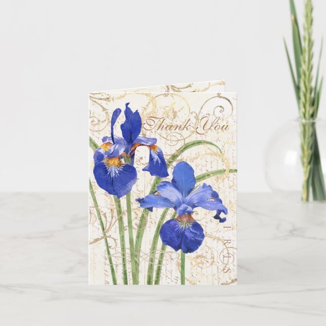 Floral Blue Iris Gold Damask White Dankeskarte (Vorderseite)
