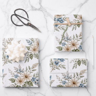 Floral Blue Ivory Meadow Pattern Geschenkpapier Set