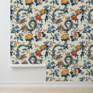 Floral Blue Japanischer Drache Elegant Tapete