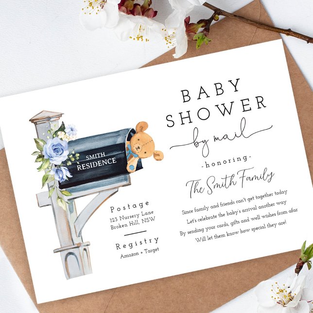 Floral Blue Long Distance Baby Shower Einladung (Von Creator hochgeladen)