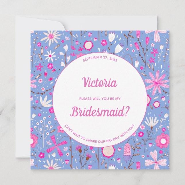Floral Blue Modern bin meine Bridesmaid Einladung (Vorderseite)
