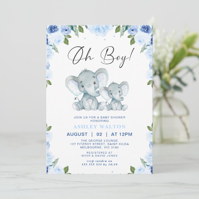 Floral Blue Oh Boy Elephant Baby Dusche Einladung