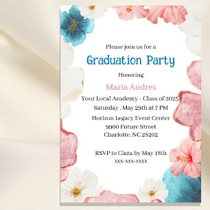 Floral Blue & Pink Graduation Einladung