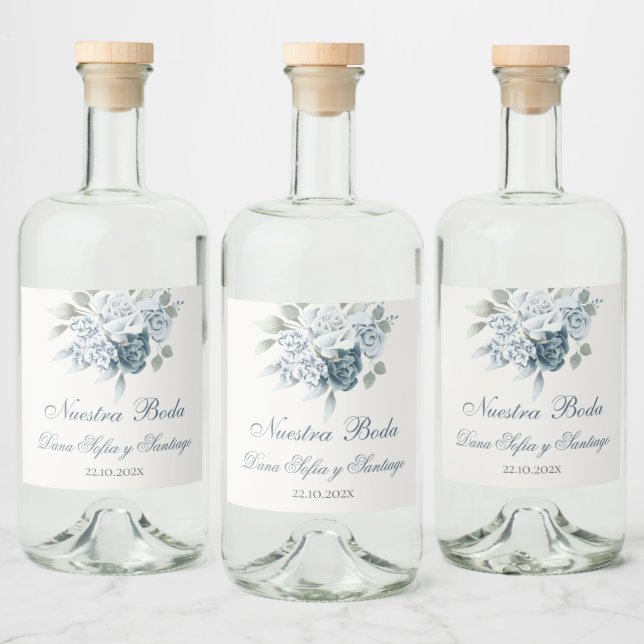 Floral Blue Spanish Wedding Alkoholflaschenetikett (Flaschen)
