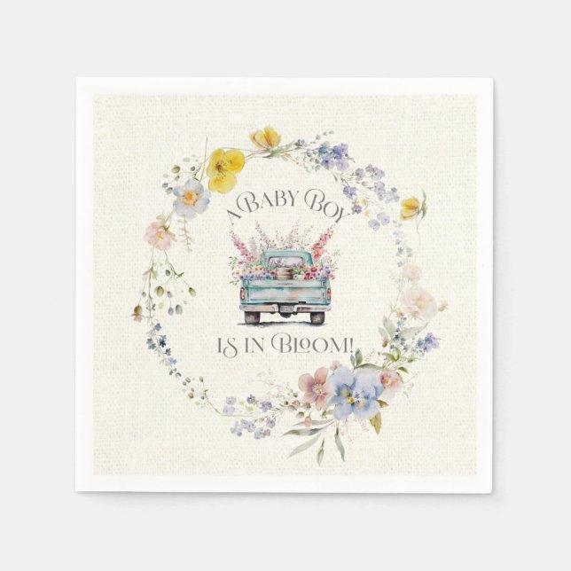 Floral Blue Truck Baby Boy in Bloom Paper Napkins Serviette (Vorderseite)