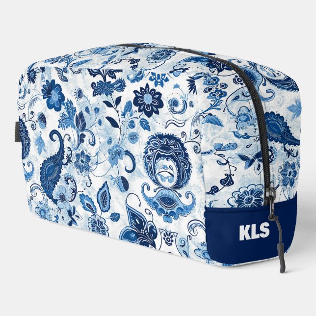 Floral Blue und White Paisley Monogram personalize Waschbeutel (Rechte Ecke)