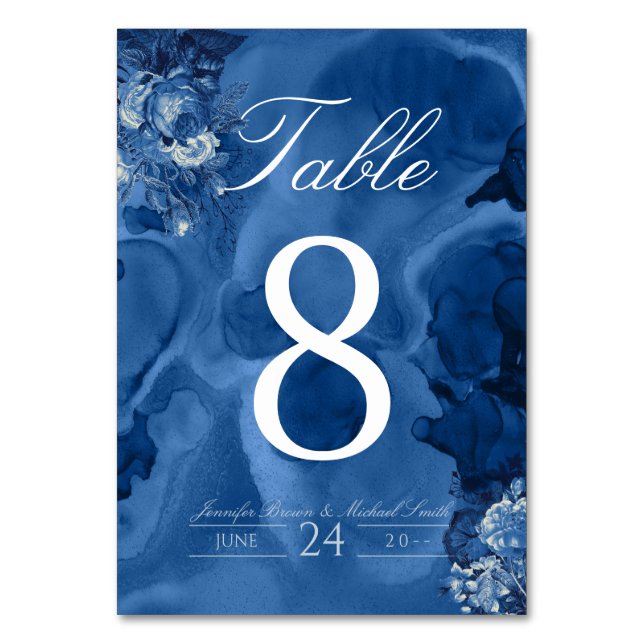 Floral Blue Watercolor Ombre Navy Rose Tischnummer (Vorderseite)