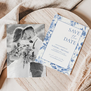 Floral Blue White Toile De Jouy Foto Save The Date