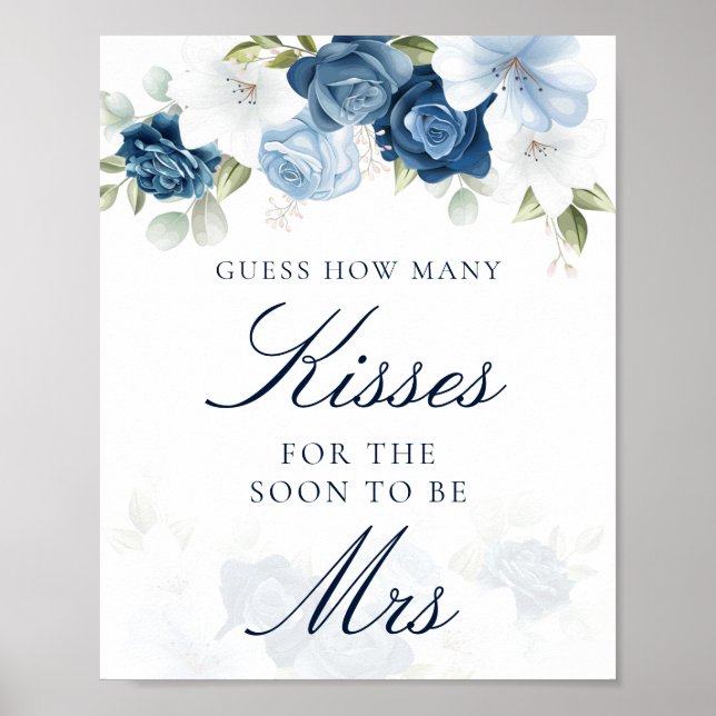 Floral Blue Wie viele Kisses Brautparty Game Poster (Vorne)