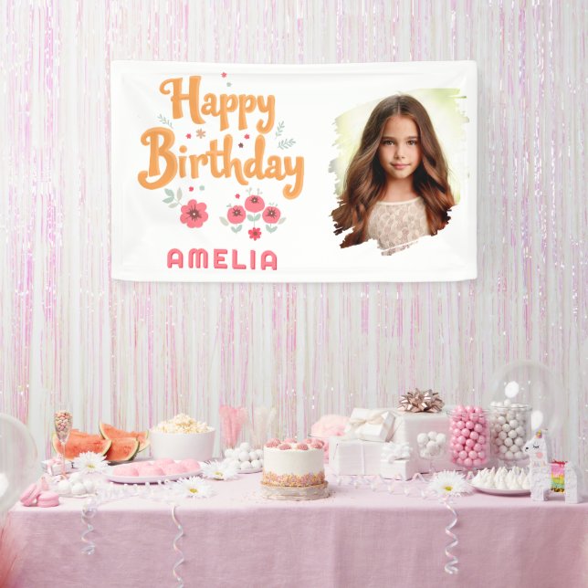 Floral Blume Happy Birthday Handlettering Foto Banner (Party)
