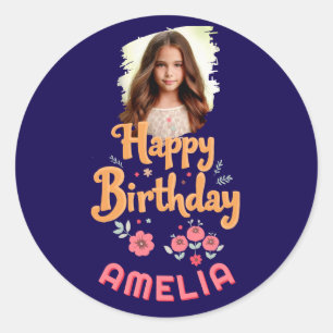 Floral Blume Happy Birthday Handlettering Foto Runder Aufkleber