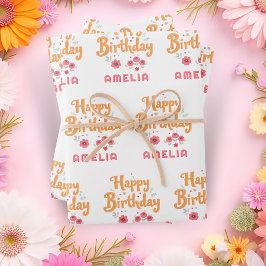 Floral Blume Happy Birthday Handschrift Geschenkpapier Set
