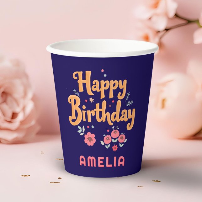 Floral Blume Happy Birthday Handschrift Pappbecher (Von Creator hochgeladen)