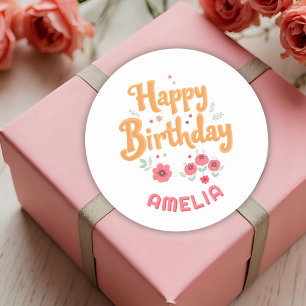 Floral Blume Happy Birthday Handschrift Runder Aufkleber