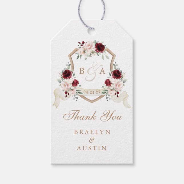 Floral Blush Burgundy Wappen Wedding Vielen Dank Geschenkanhänger (Vorderseite)