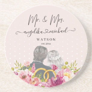 Floral Blush Peonies Trendy Script Mr. and Mrs. Getränkeuntersetzer