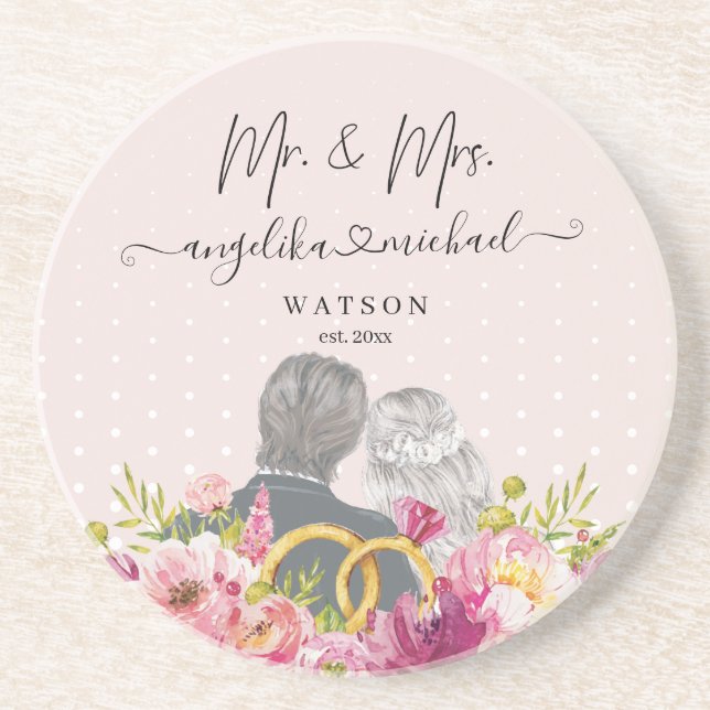 Floral Blush Peonies Trendy Script Mr. and Mrs. Getränkeuntersetzer (Vorne)