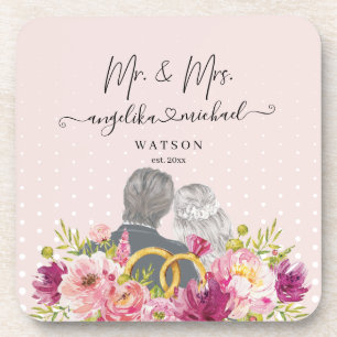 Floral Blush Peonies Trendy Script Mr. and Mrs. Getränkeuntersetzer