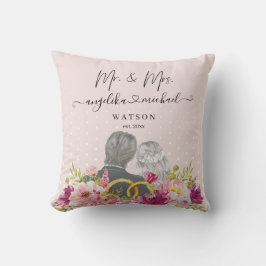 Floral Blush Peonies Trendy Script Mr. and Mrs. Kissen