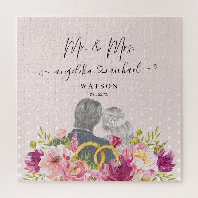 Floral Blush Peonies Trendy Script Mr. and Mrs. Puzzle (Vertikal)