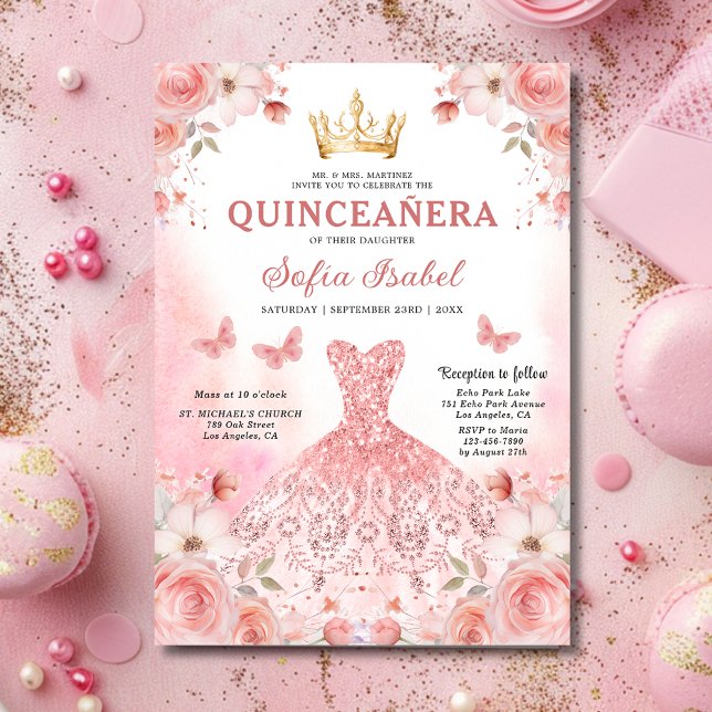 Floral Blush Pink Bilingual Spanish Quinceanera Einladung (Von Creator hochgeladen)