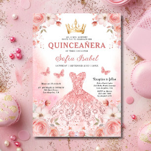 Floral Blush Pink Bilingual Spanish Quinceanera Einladung