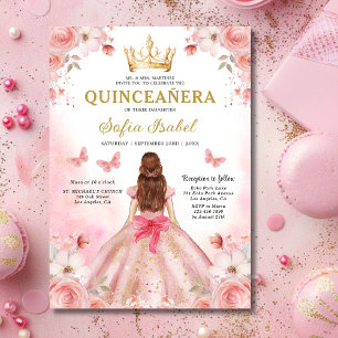 Floral Blush Pink Bilingual Spanish Quinceanera Einladung