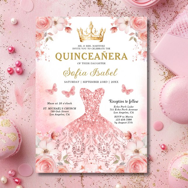 Floral Blush Pink Bilingual Spanish Quinceanera Einladung (Von Creator hochgeladen)