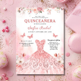 Floral Blush Pink Bilingual Spanish Quinceanera Einladung