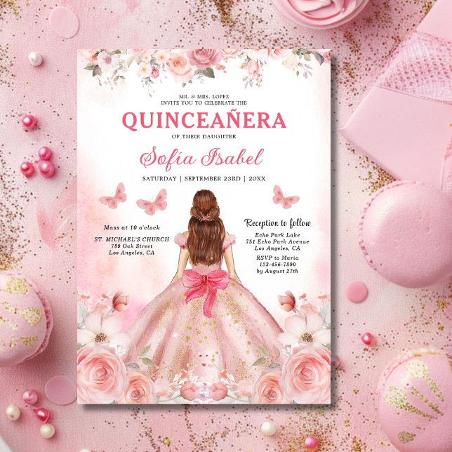Floral Blush Pink Bilingual Spanish Quinceanera Einladung (Von Creator hochgeladen)
