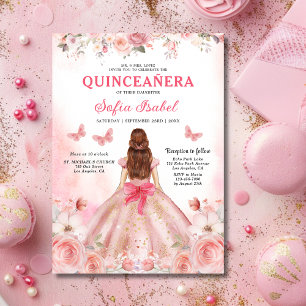 Floral Blush Pink Bilingual Spanish Quinceanera Einladung