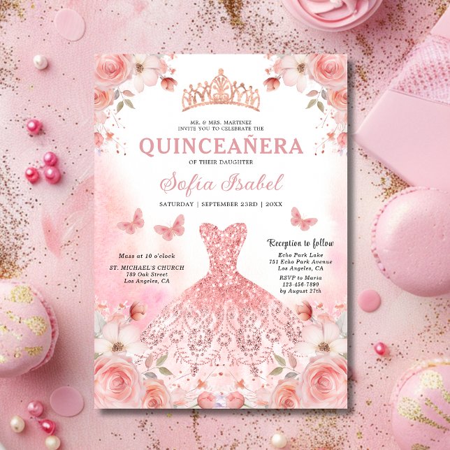 Floral Blush Pink Bilingual Spanish Quinceanera Einladung (Von Creator hochgeladen)