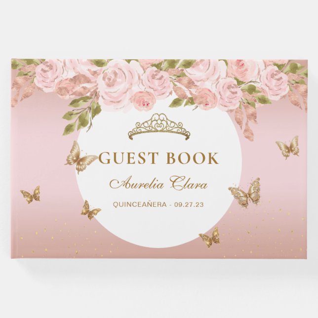 Floral Blush Pink Gold Tiara Butterfly Gästebuch (Vorderseite)