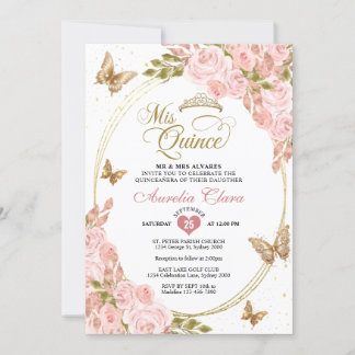 Floral Blush Pink Gold Tiara Butterfly Quinceañera Einladung