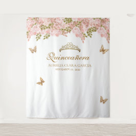 Floral Blush Pink Gold Tiara Butterfly Quinceañera Wandteppich
