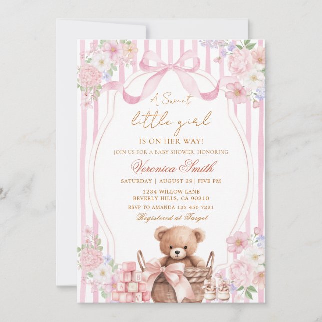 Floral Blush Stripe Pink Bow Bear Baby Shower  Einladung (Vorderseite)
